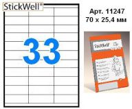 Наклейки StiсkWell 11247 70,0х25,4мм 33шт, A4, прямоугольные, 100л